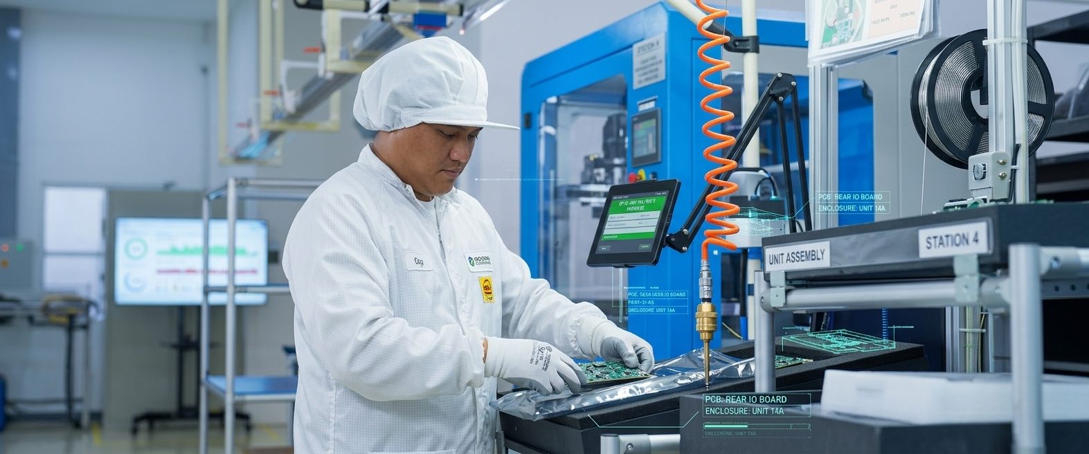 Teknisi merakit modul charger di lini produksi